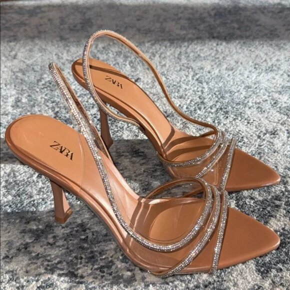 Zara Clear Vinyl Rhinestone Pointy Slingback Sandal Heels Size 39/8 - Picture 1 of 10